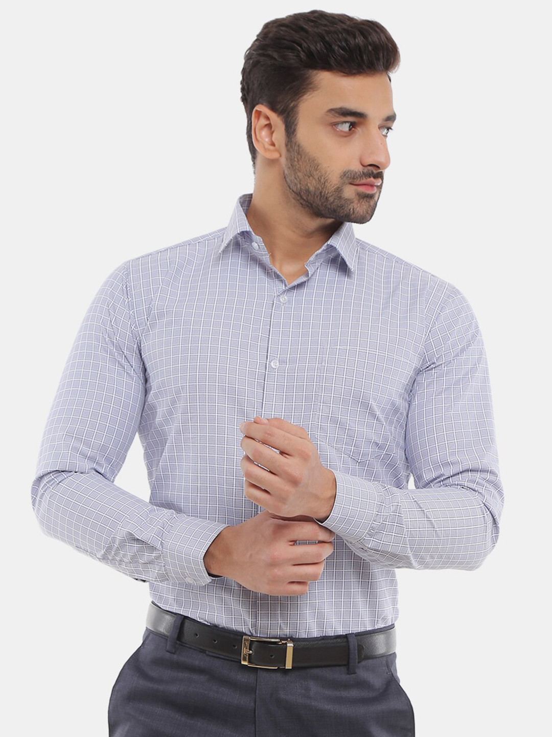 

J White by Vmart Men Blue Classic Checked Cotton Formal Shirt