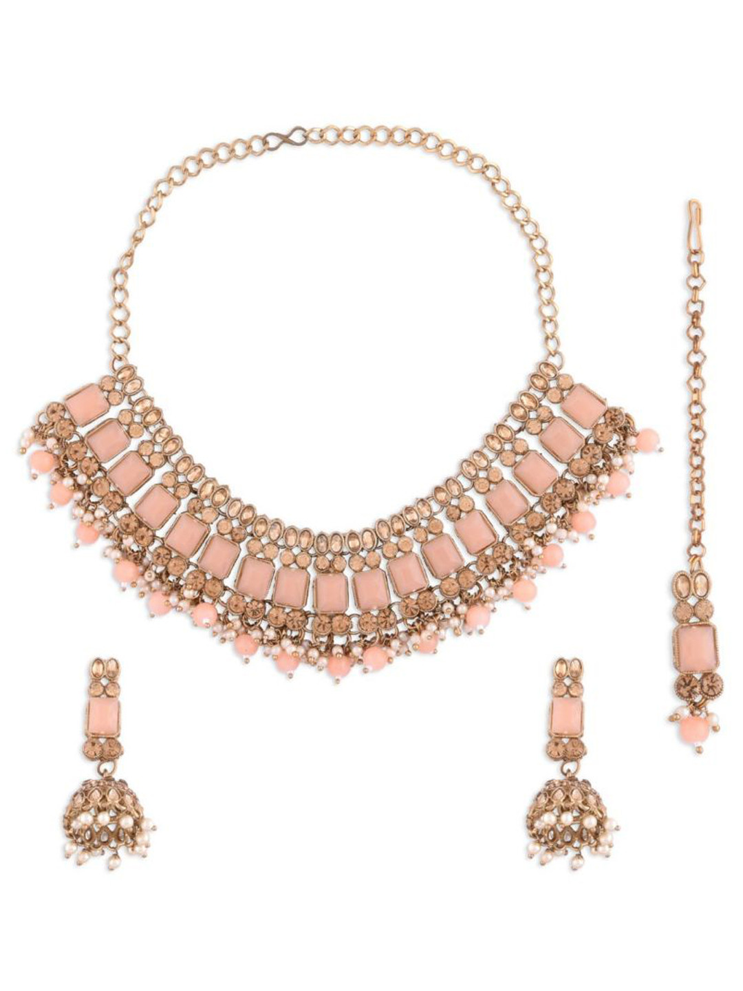 

Efulgenz Gold-Toned & Peach Crystal Studded Gold-Plated Jewellery Set
