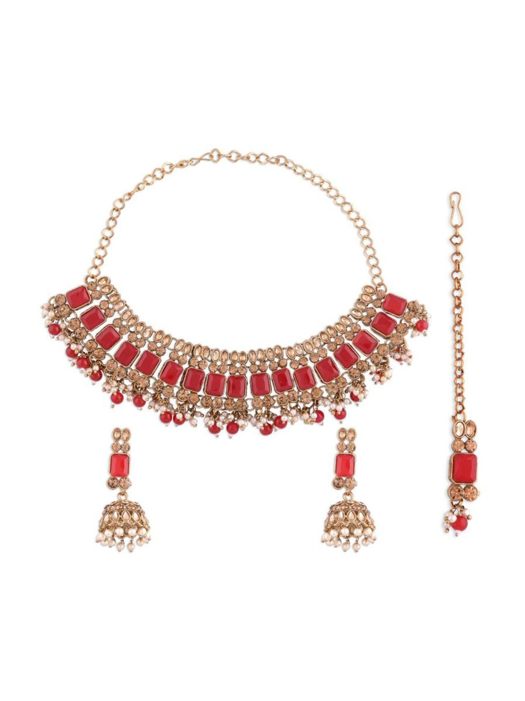 

Efulgenz Gold-Toned & Red Crystal Stone-Studded Gold-Plated Jewellery Set