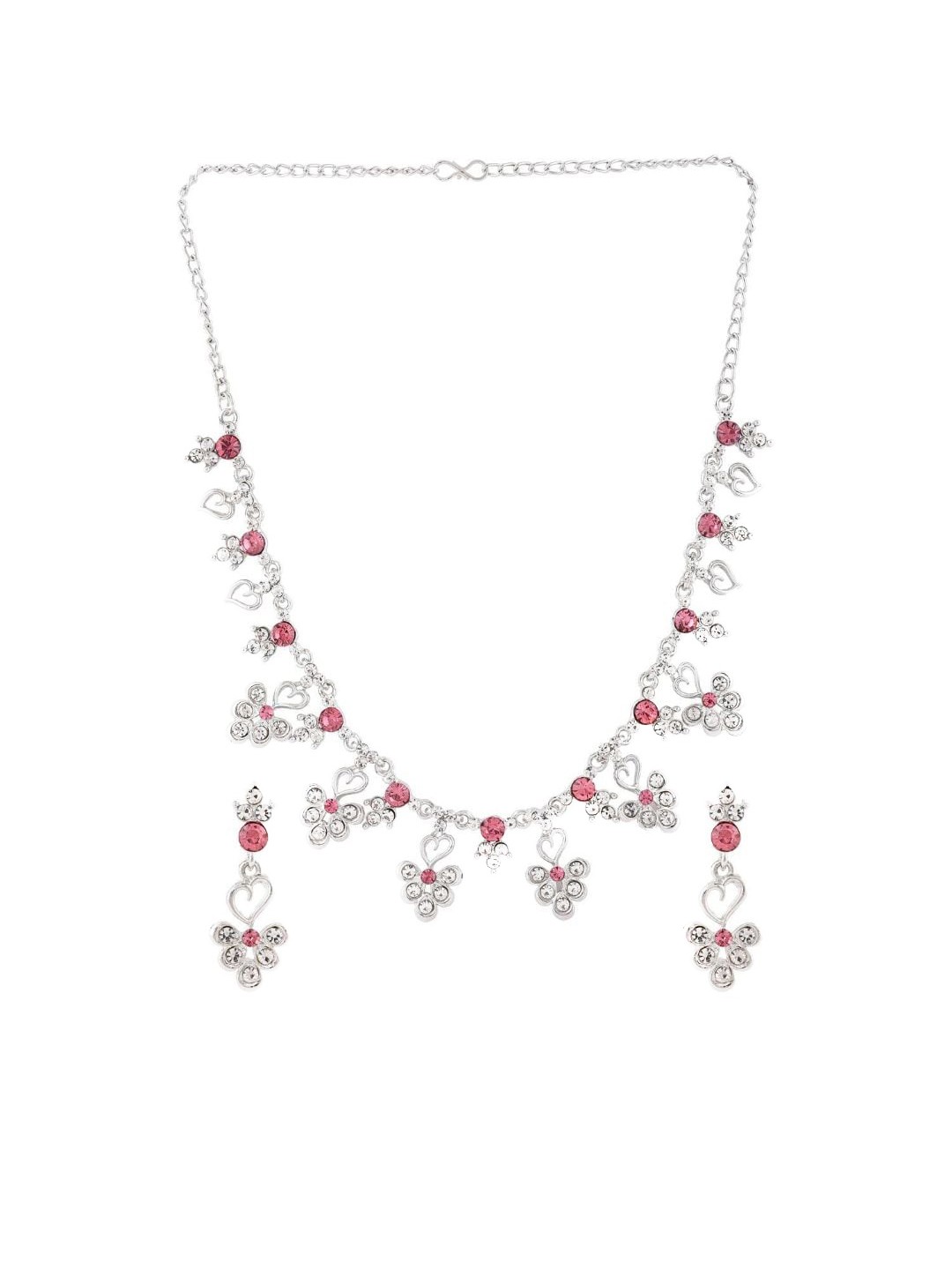 

Efulgenz Silver-Toned & Pink Crystal Stone Studded Rhodium-Plated Jewellery Set