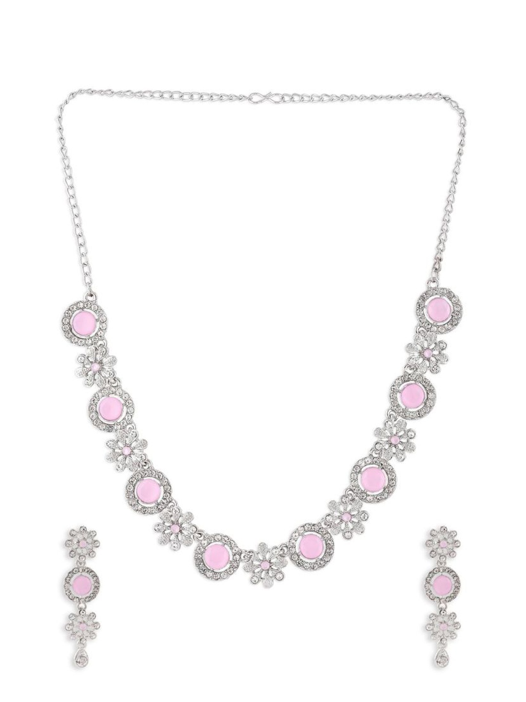 

Efulgenz Silver-Toned & Pink Crystal Stone-Studded Rhodium-Plated Jewellery Set