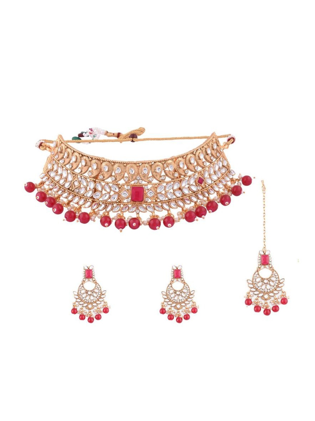 

Efulgenz Gold-Toned & Pink Crystal Stone-Studded Gold-Plated Jewellery Set
