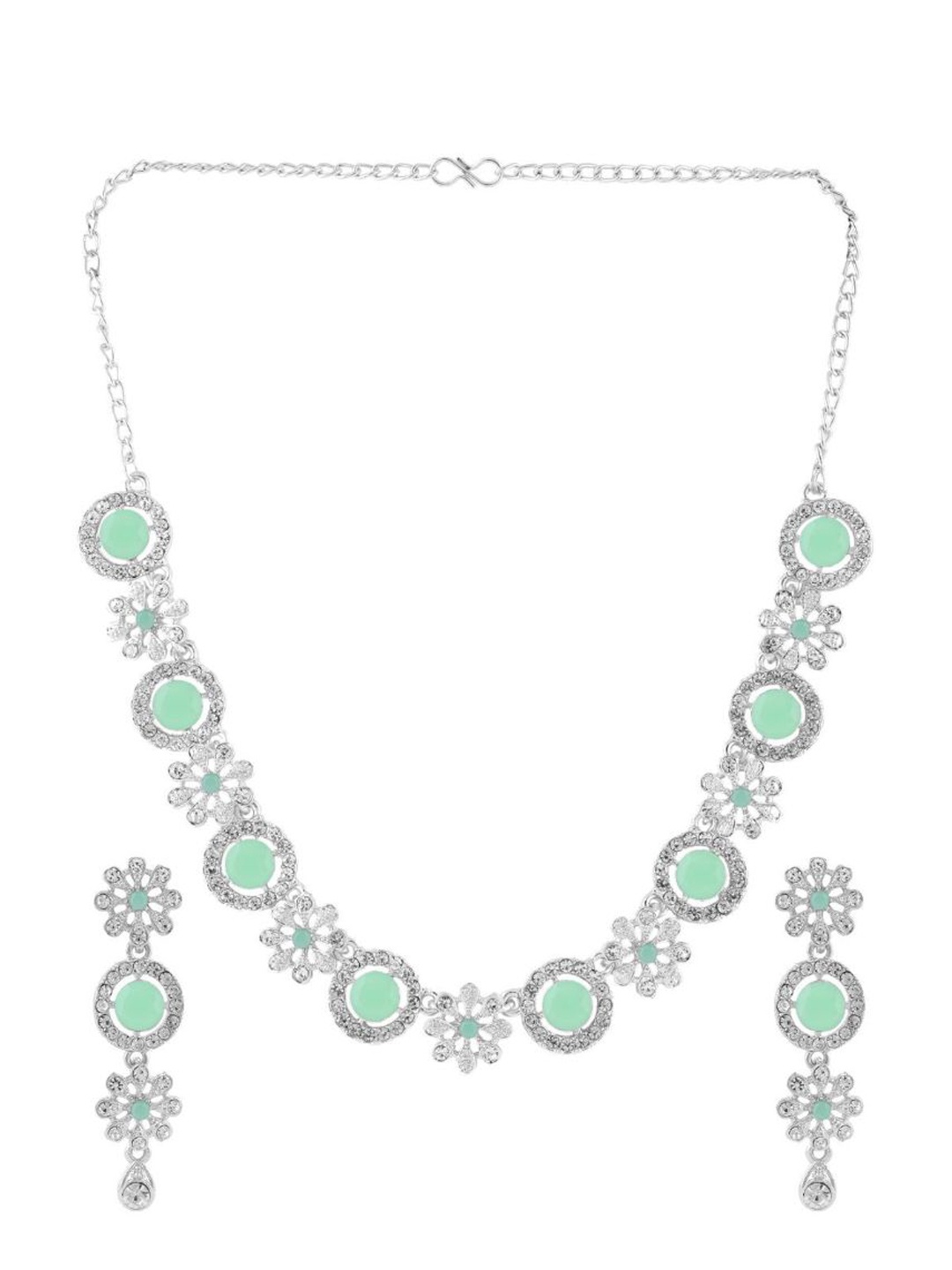 

Efulgenz Silver-Toned & Sea Green Crystals Studded Rhodium-Plated Jewellery Set