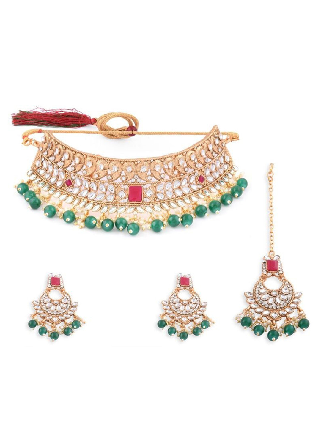 

Efulgenz Gold-Toned & Green Crystal Studded Gold-Plated Jewellery Set