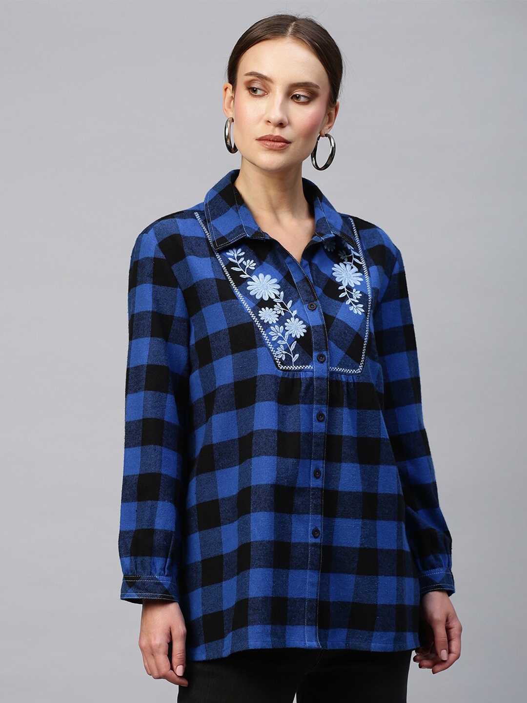 

Chemistry Blue Checked Shirt Style Longline Top