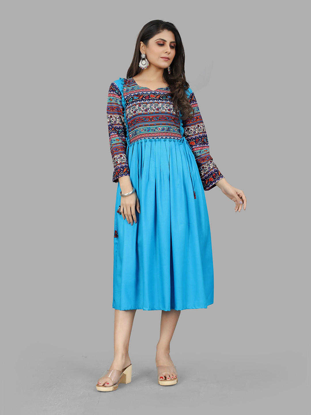 

Fashion FRICKS Turquoise Blue & Maroon Printed A-Line Ethnic Dress