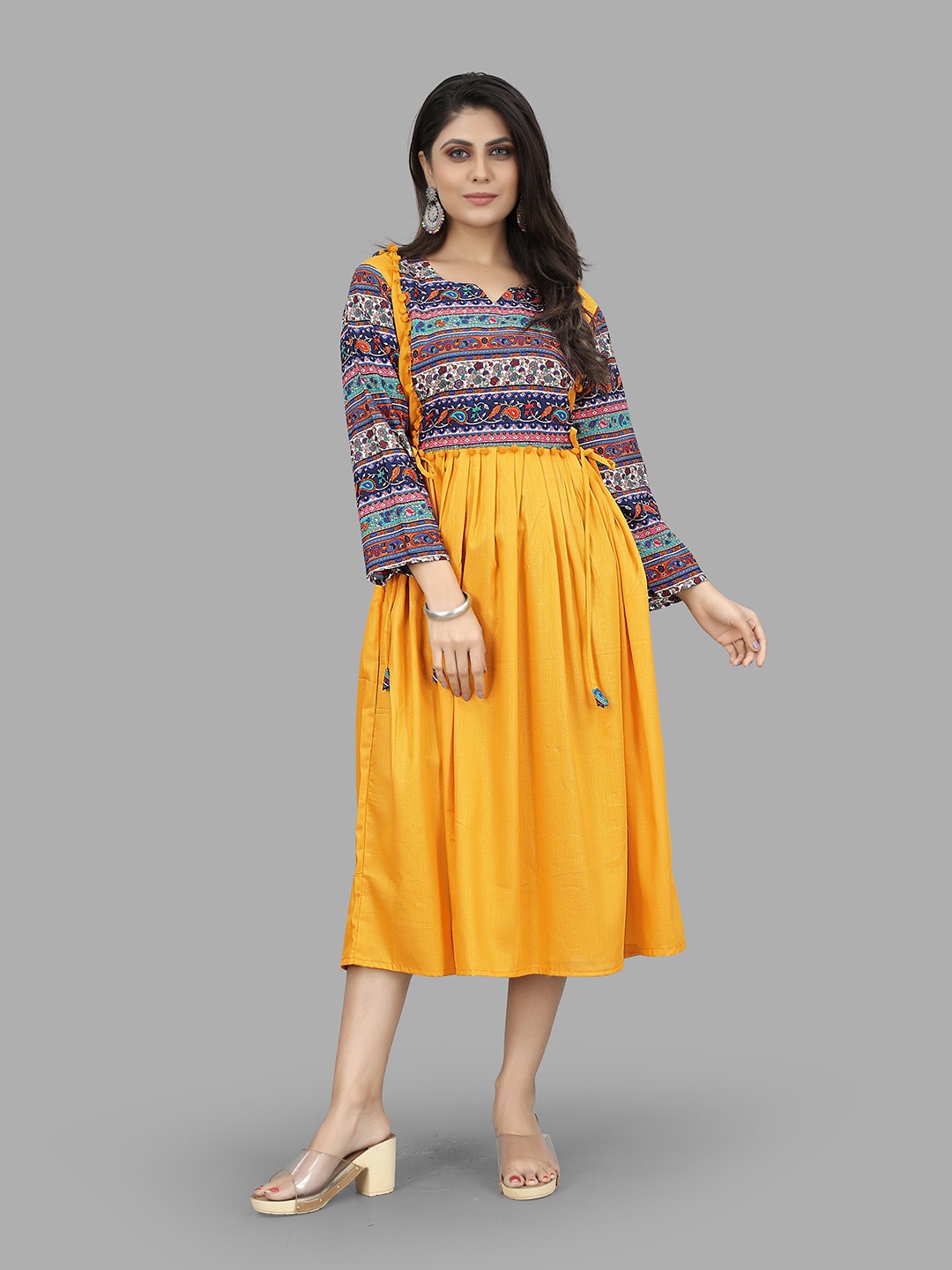 

Fashion FRICKS Yellow & Navy Blue Printed A-Line Ethnic Dress