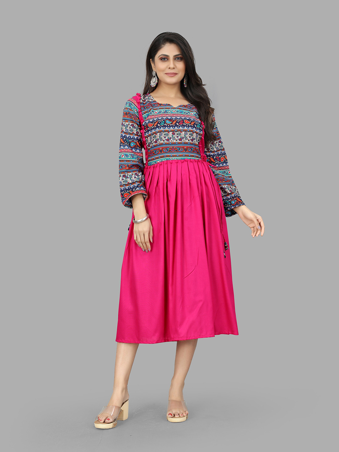 

Fashion FRICKS Pink & Blue Printed A-Line Ethnic Dress