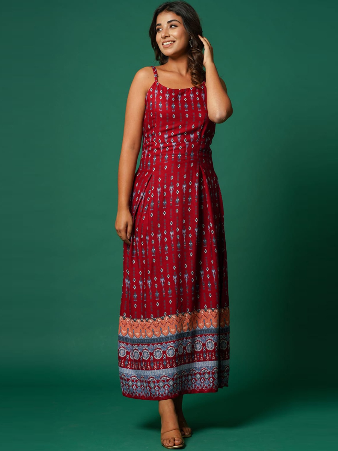 

AUTUMN LANE Red Printed Cotton Maxi Ethnic Dresses