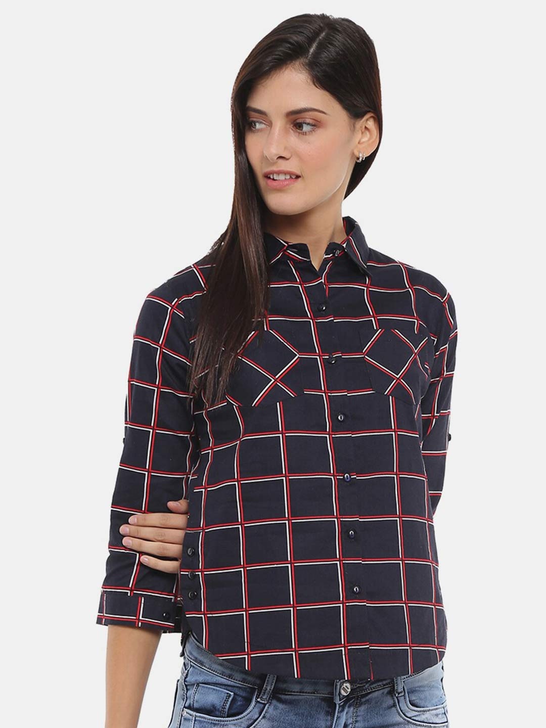 

V-Mart Women Navy Blue Classic Windowpane Checks Checked Cotton Casual Shirt