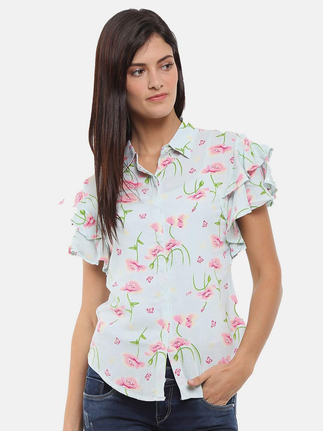

V-Mart Blue Floral Print Ruffles Shirt Style Top