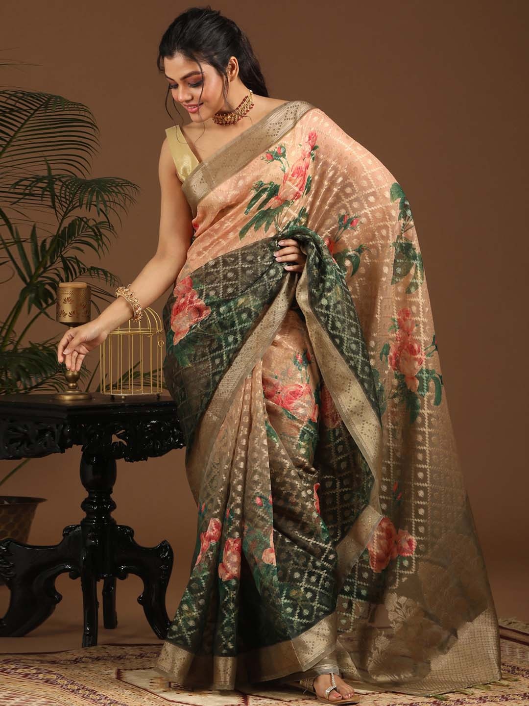 

Indethnic Green & Pink Floral Zari Organza Banarasi Saree