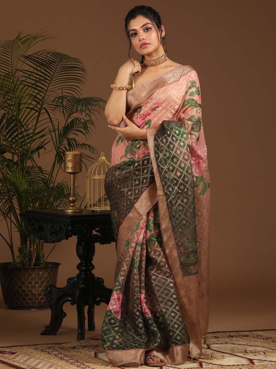 

Indethnic Pink & Green Floral Zari Organza Banarasi Saree