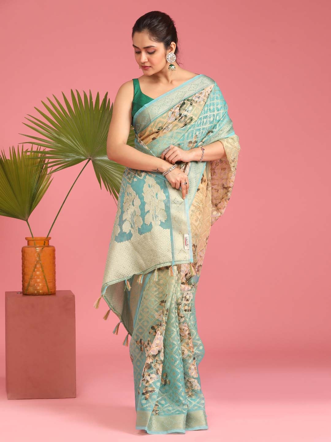 

Indethnic Sea Green & Pink Floral Zari Organza Banarasi Saree