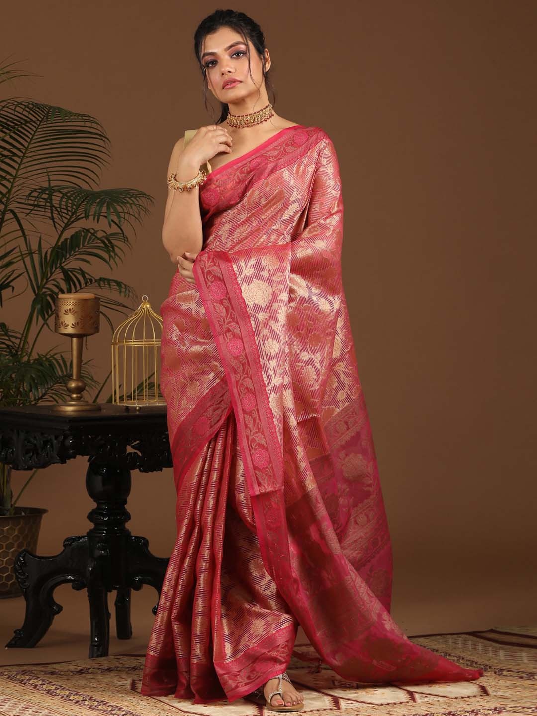 

Indethnic Pink & Gold-Toned Ethnic Motifs Zari Art Silk Banarasi Saree
