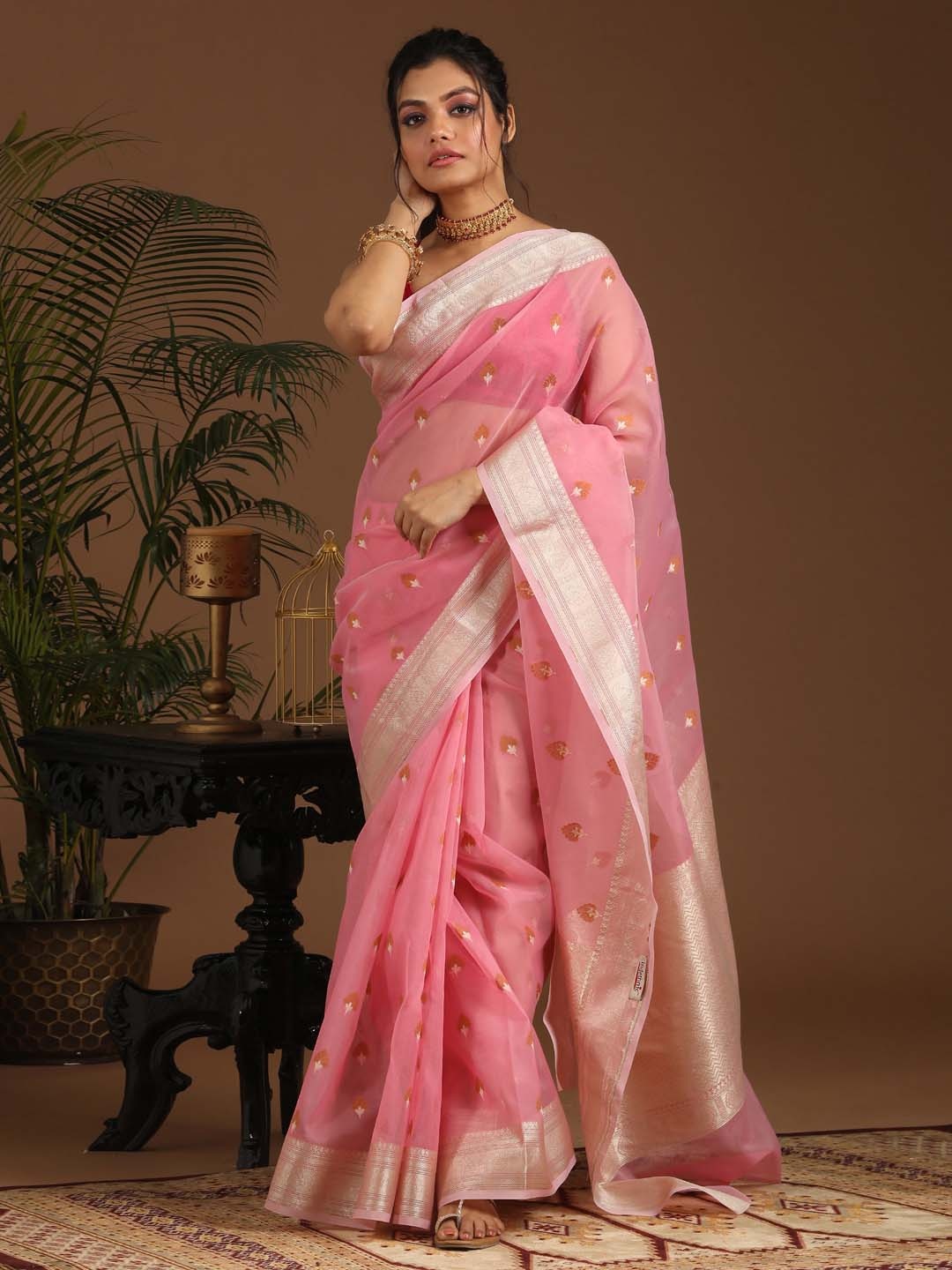 

Indethnic Pink & Silver-Toned Ethnic Motifs Zari Art Silk Banarasi Saree
