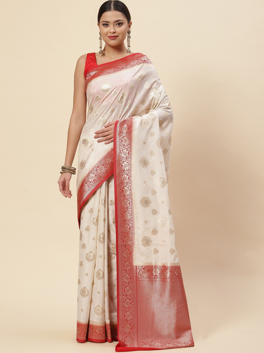 

Meena Bazaar Cream-Coloured & Red Ethnic Motifs Zari Art Silk Saree