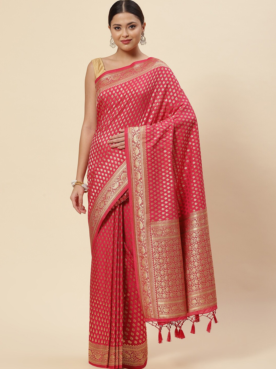 

Meena Bazaar Pink & Gold-Toned Ethnic Motifs Zari Art Silk Saree