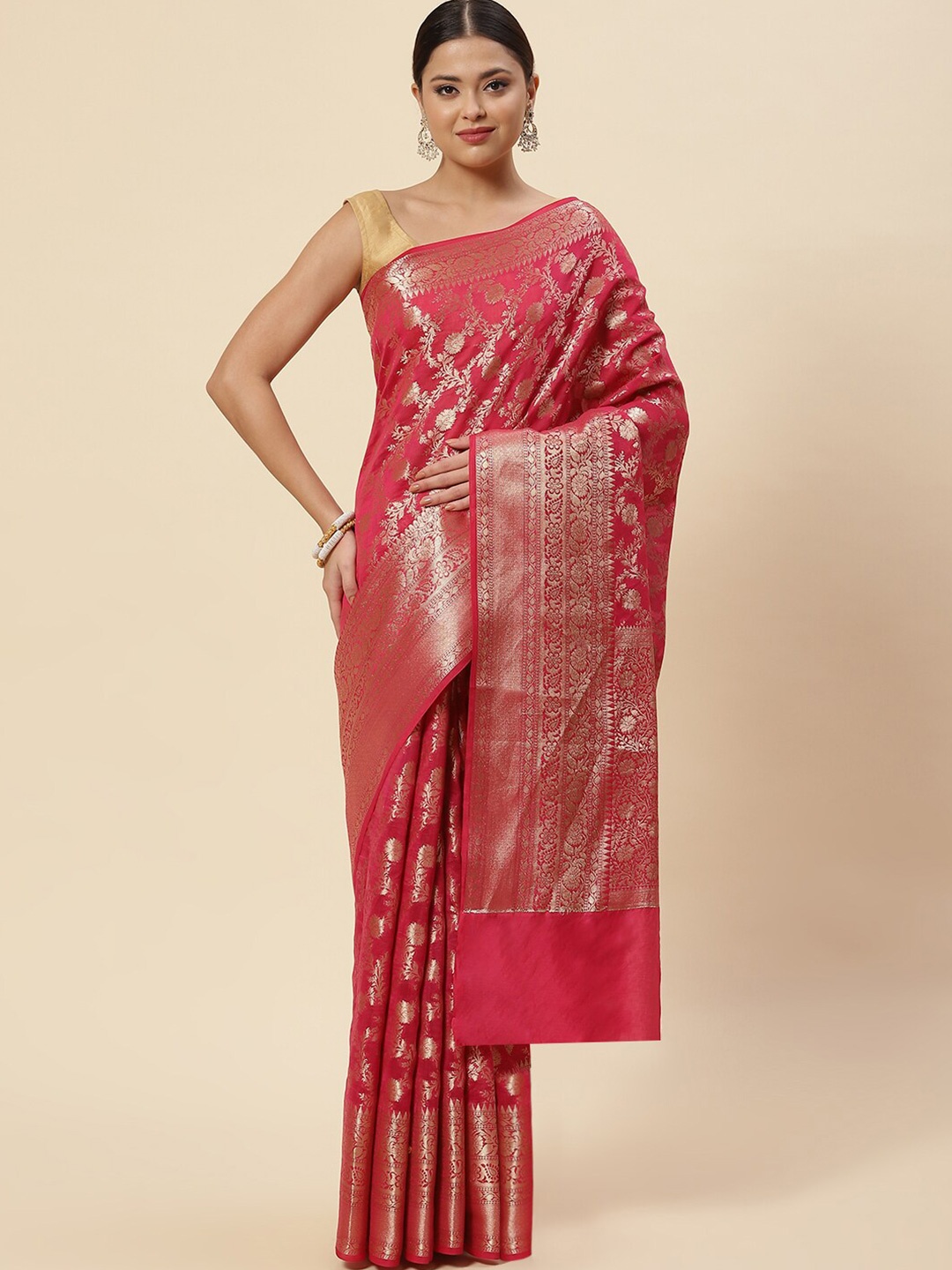 

Meena Bazaar Pink & Gold-Toned Ethnic Motifs Zari Pure Cotton Saree