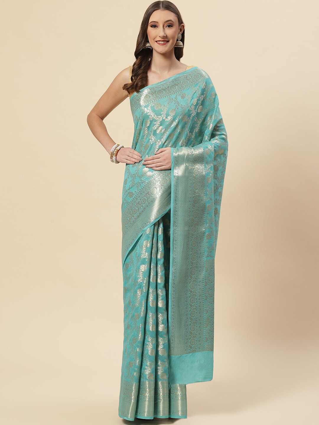 

Meena Bazaar Blue & Gold-Toned Ethnic Motifs Zari Pure Cotton Saree