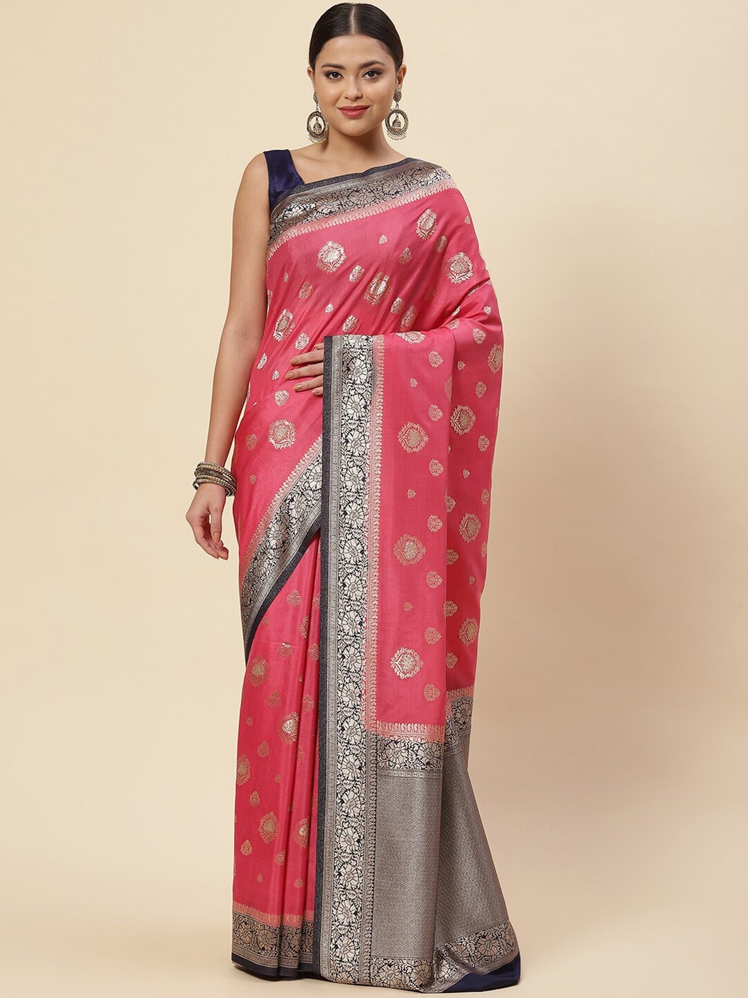 

Meena Bazaar Pink & Navy Blue Ethnic Motifs Zari Art Silk Saree