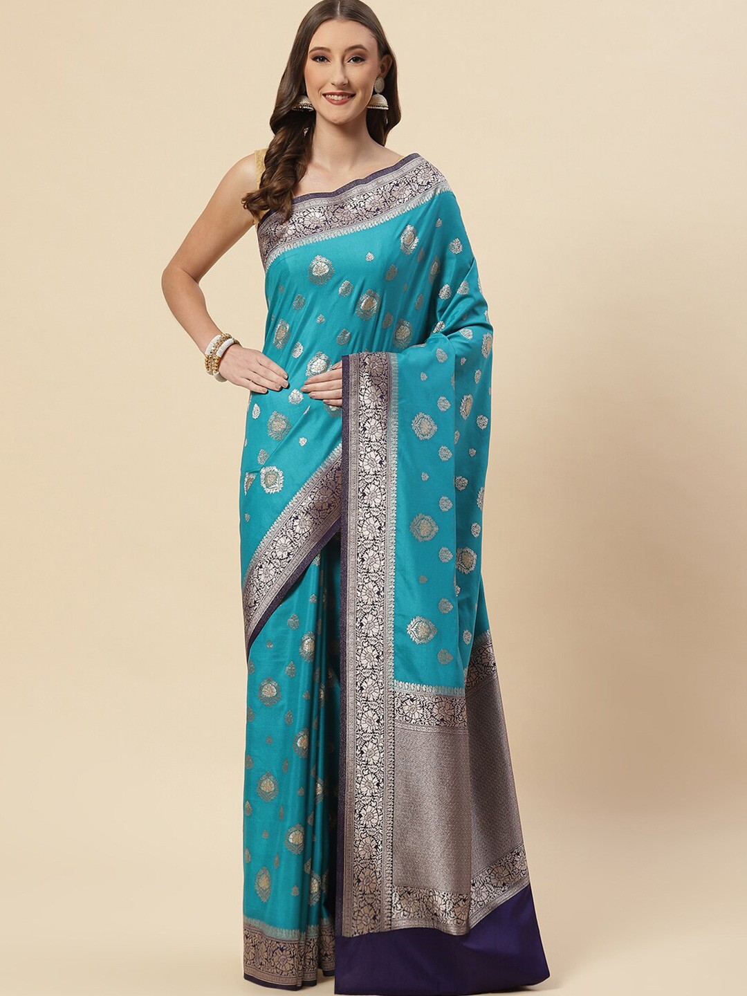

Meena Bazaar Blue & Navy Blue Ethnic Motifs Zari Art Silk Saree
