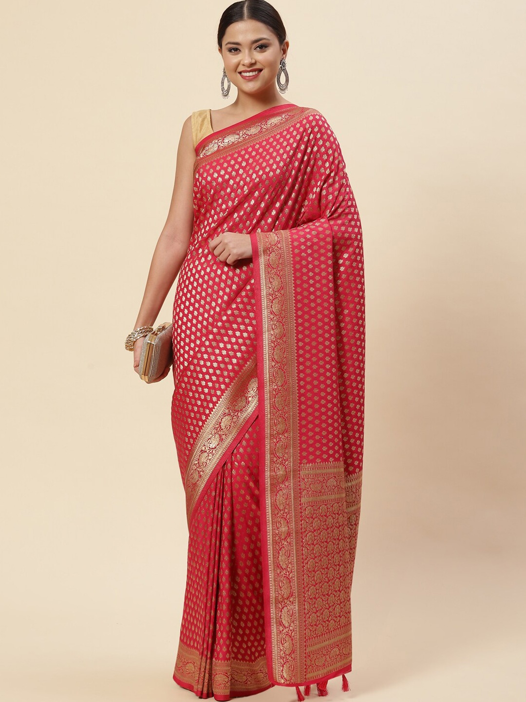 

Meena Bazaar Peach-Coloured & Gold-Toned Ethnic Motifs Zari Art Silk Saree