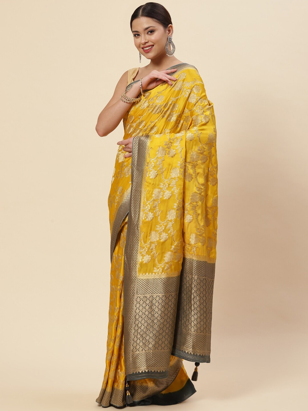 

Meena Bazaar Mustard Yellow & Black Floral Zari Satin Saree