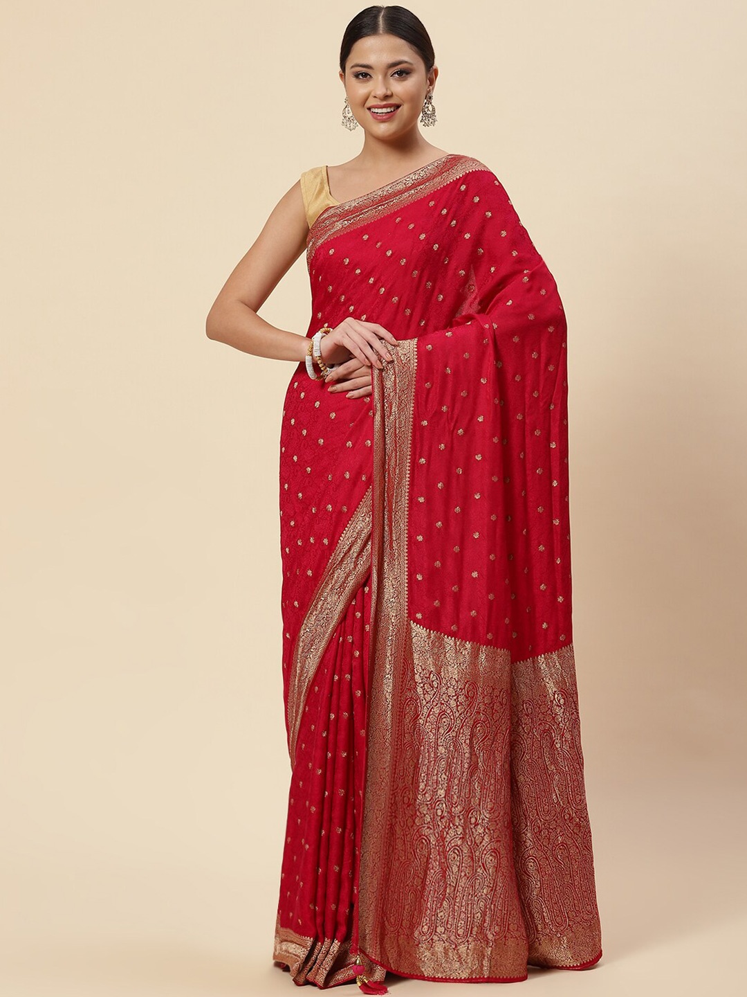 

Meena Bazaar Pink & Gold-Toned Ethnic Motifs Zari Saree