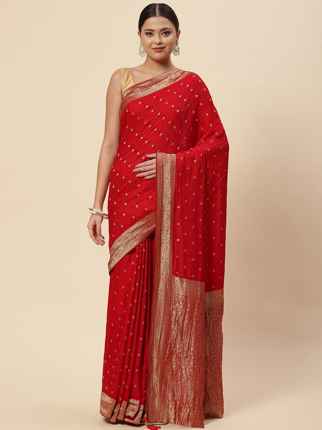 

Meena Bazaar Red & Gold-Toned Ethnic Motifs Zari Saree