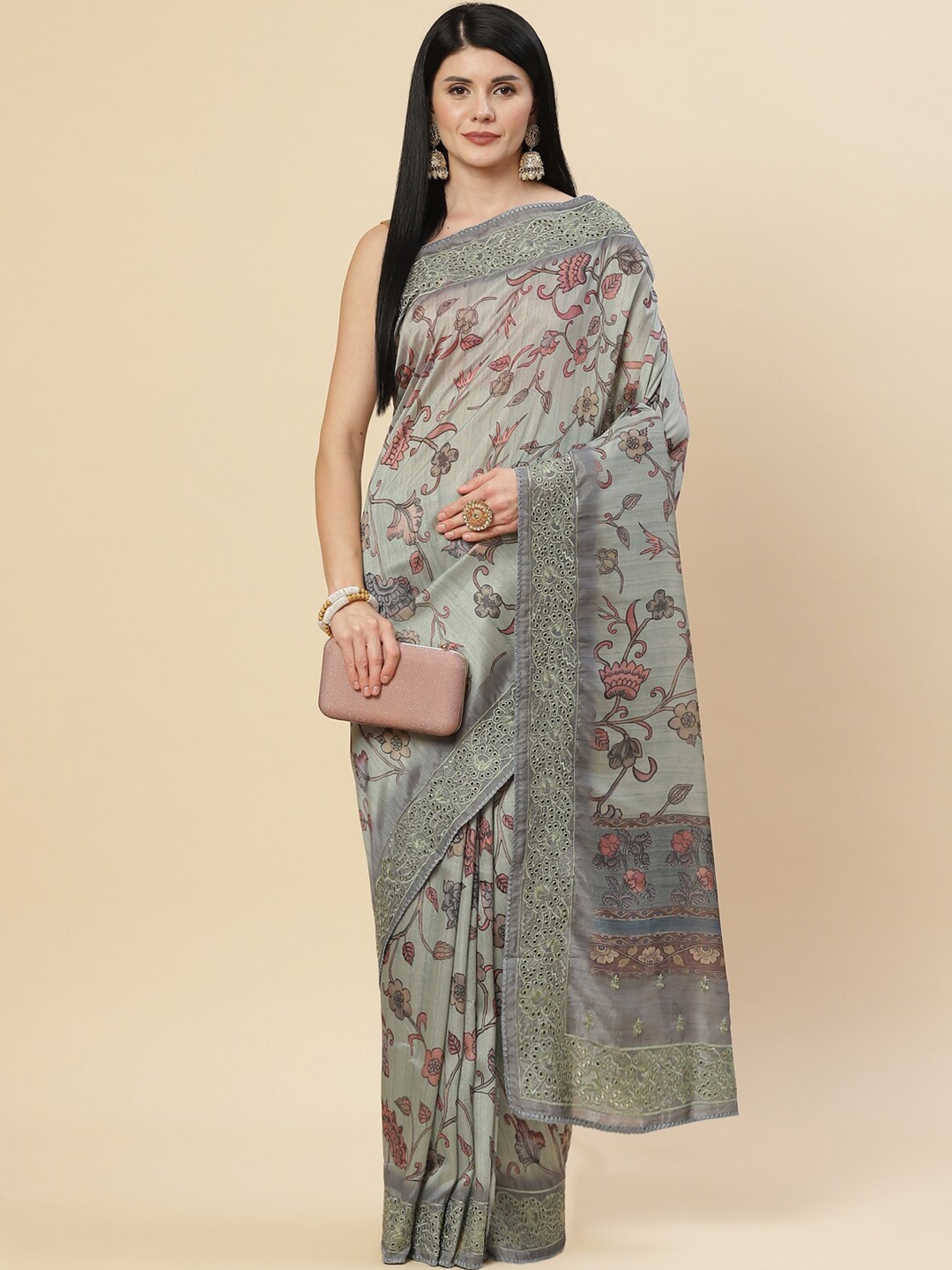 

Meena Bazaar Green & Pink Floral Embroidered Art Silk Saree