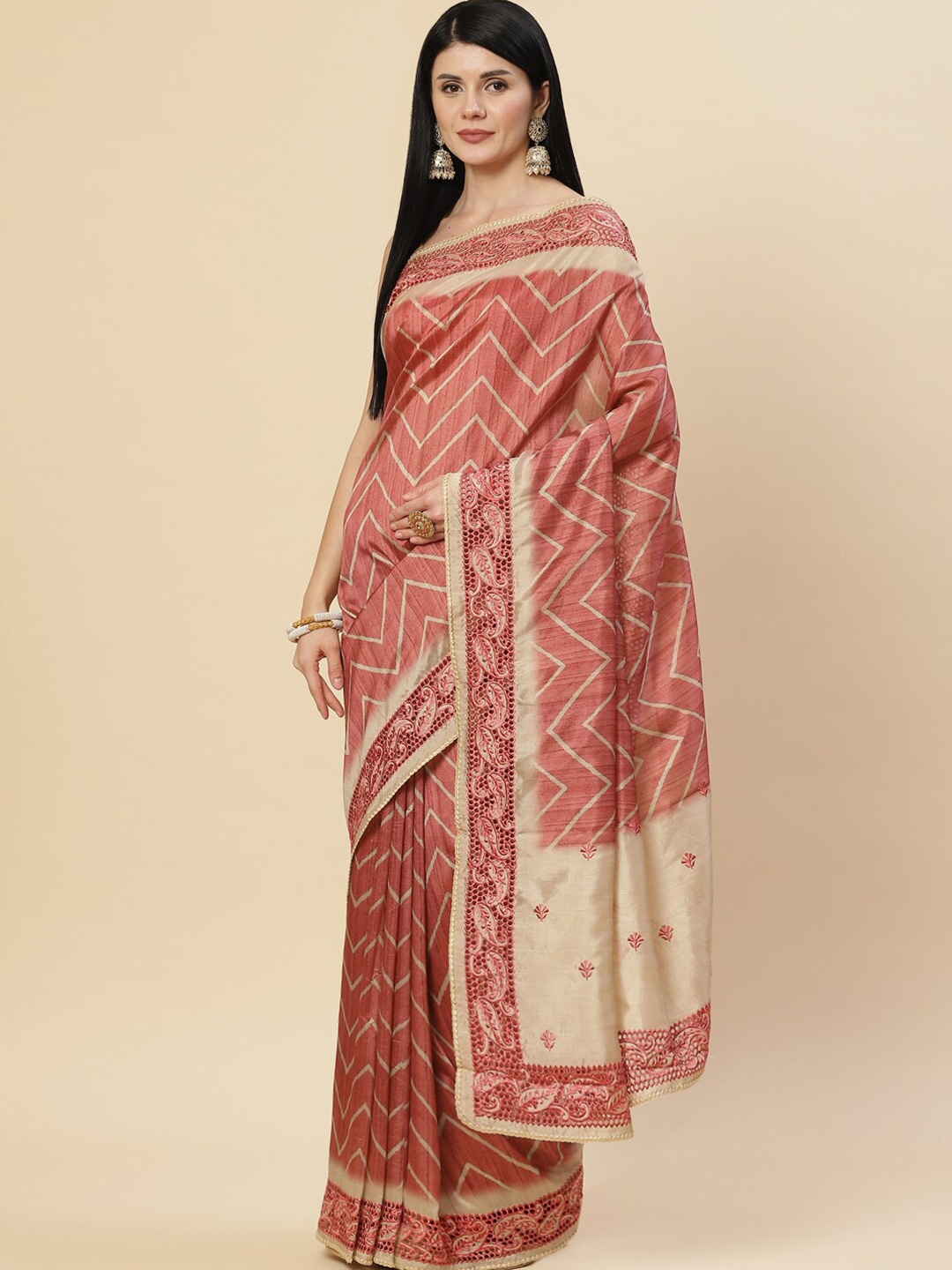 

Meena Bazaar Rust & Beige Embroidered Art Silk Saree