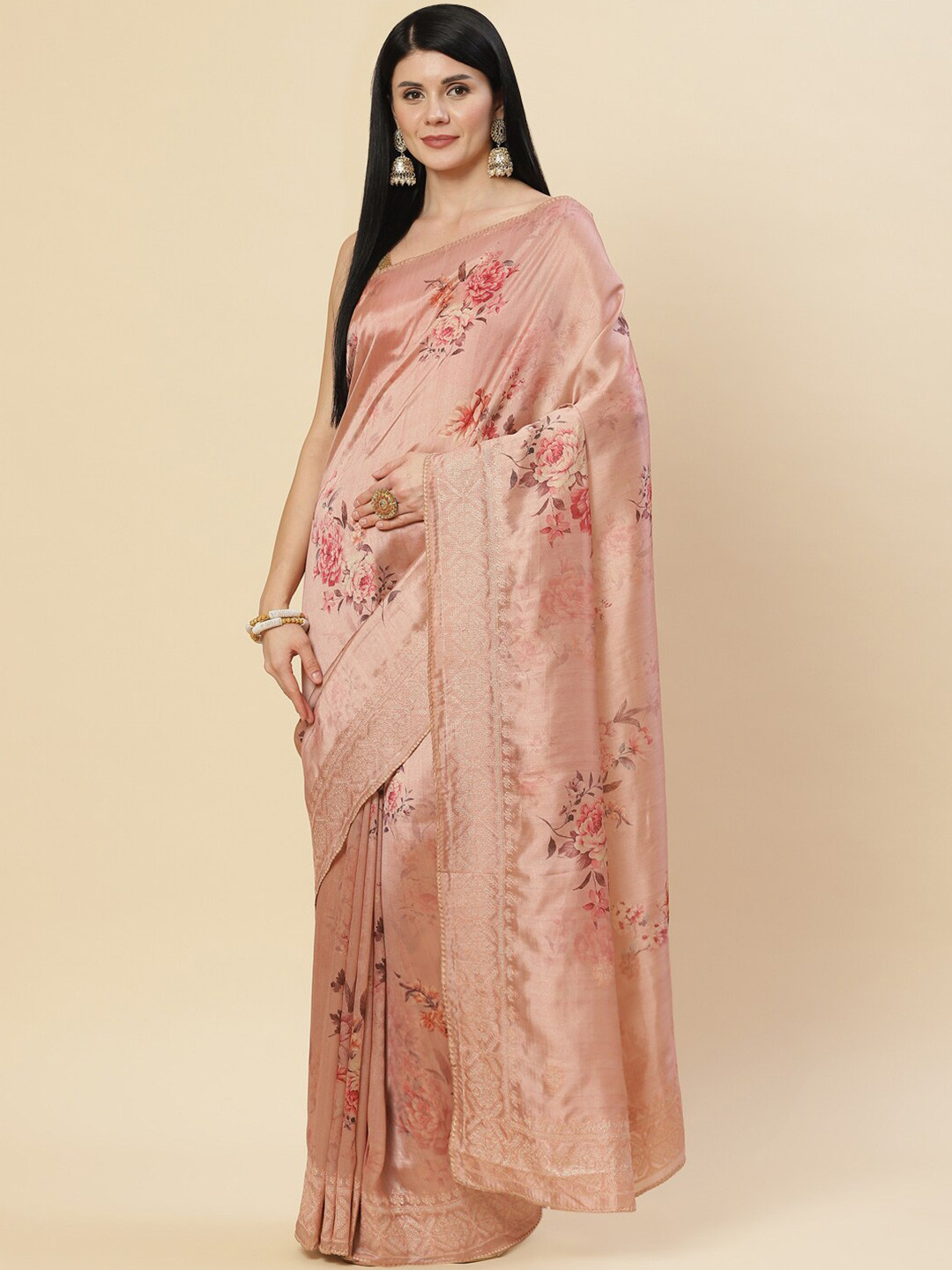 

Meena Bazaar Peach-Coloured & Pink Floral Embroidered Art Silk Saree