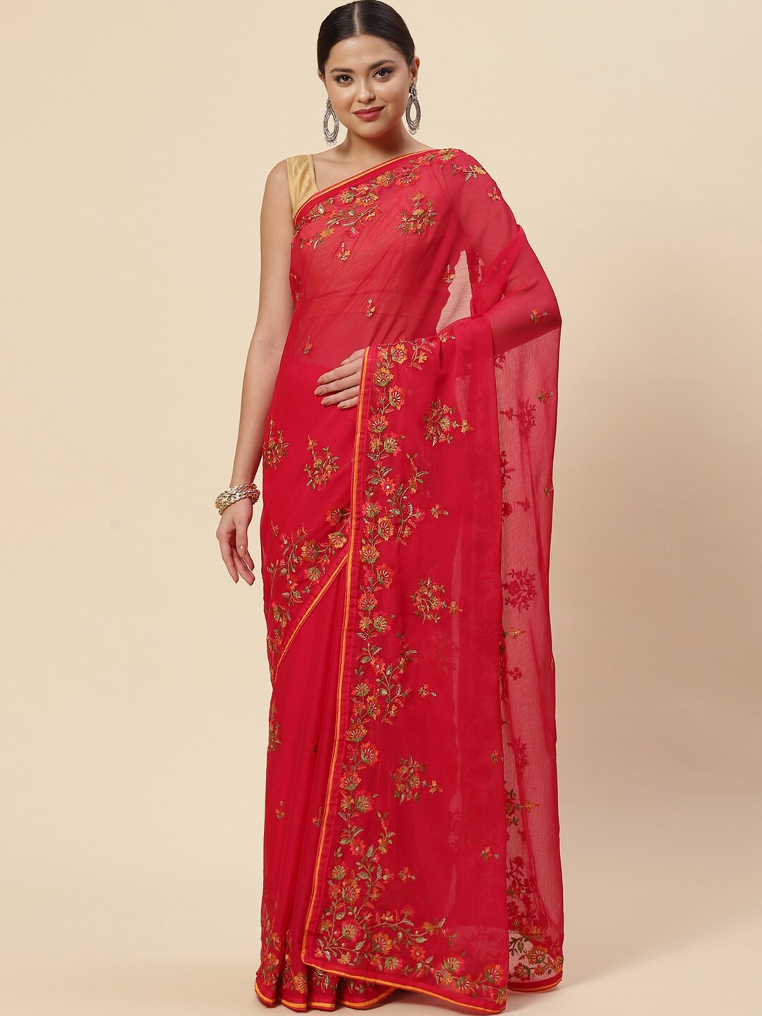 

Meena Bazaar Pink & Green Floral Embroidered Saree