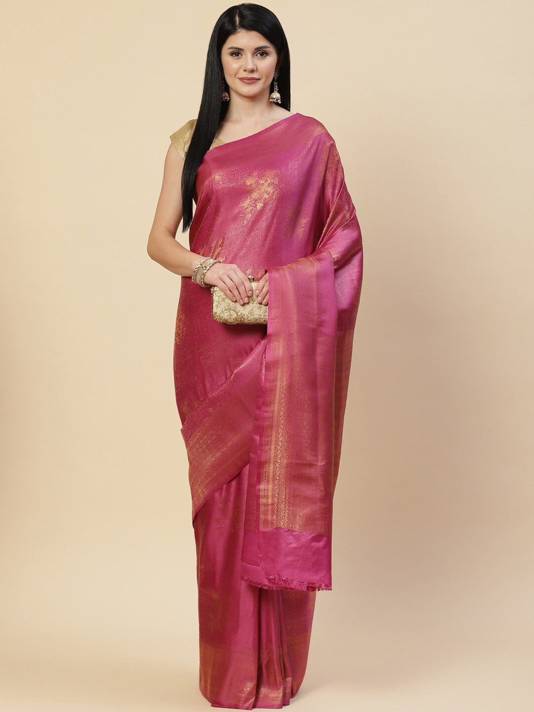 

Meena Bazaar Magenta & Gold-Toned Ethnic Motifs Zari Art Silk Saree