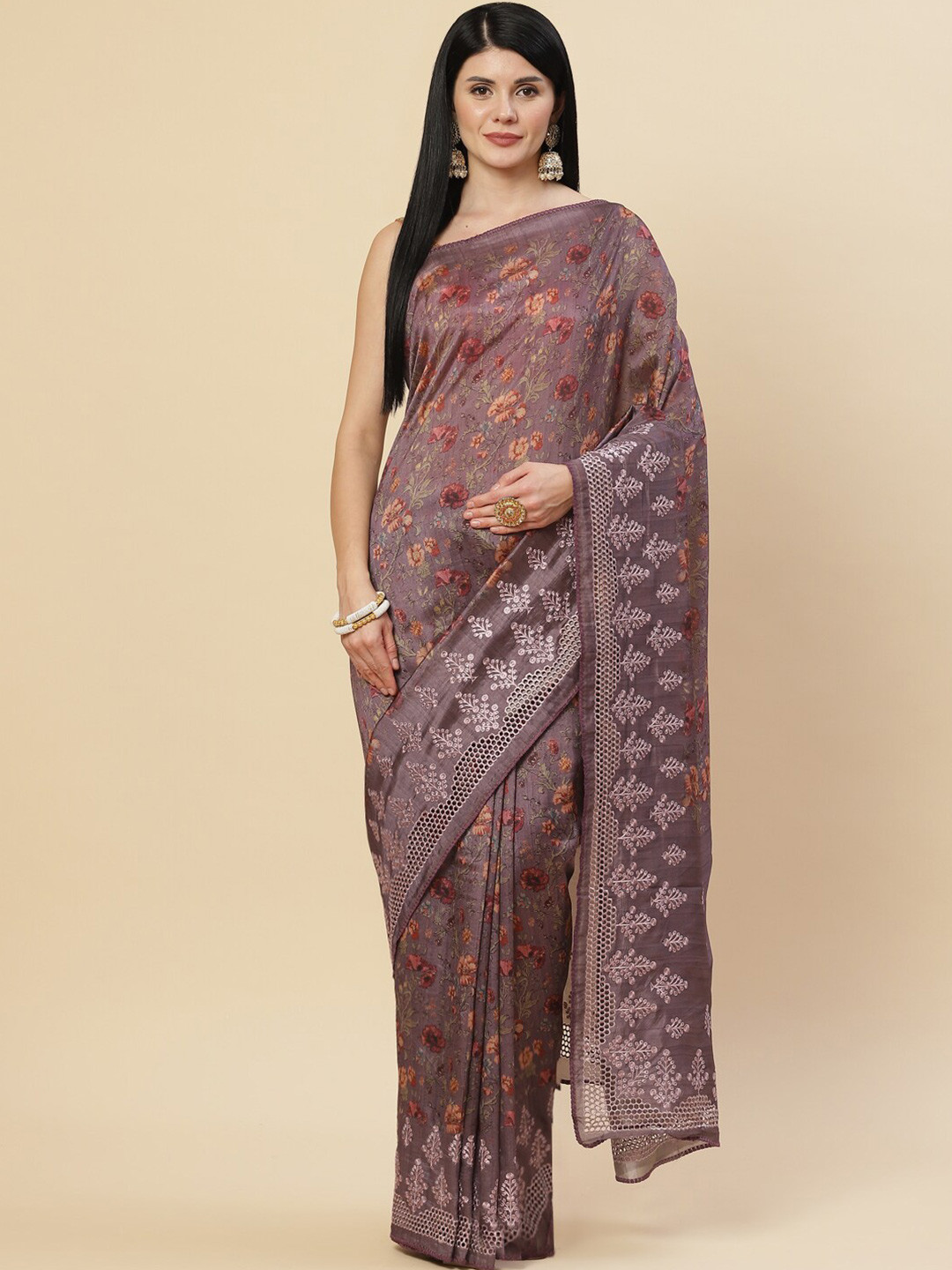

Meena Bazaar Purple & Pink Floral Embroidered Art Silk Saree