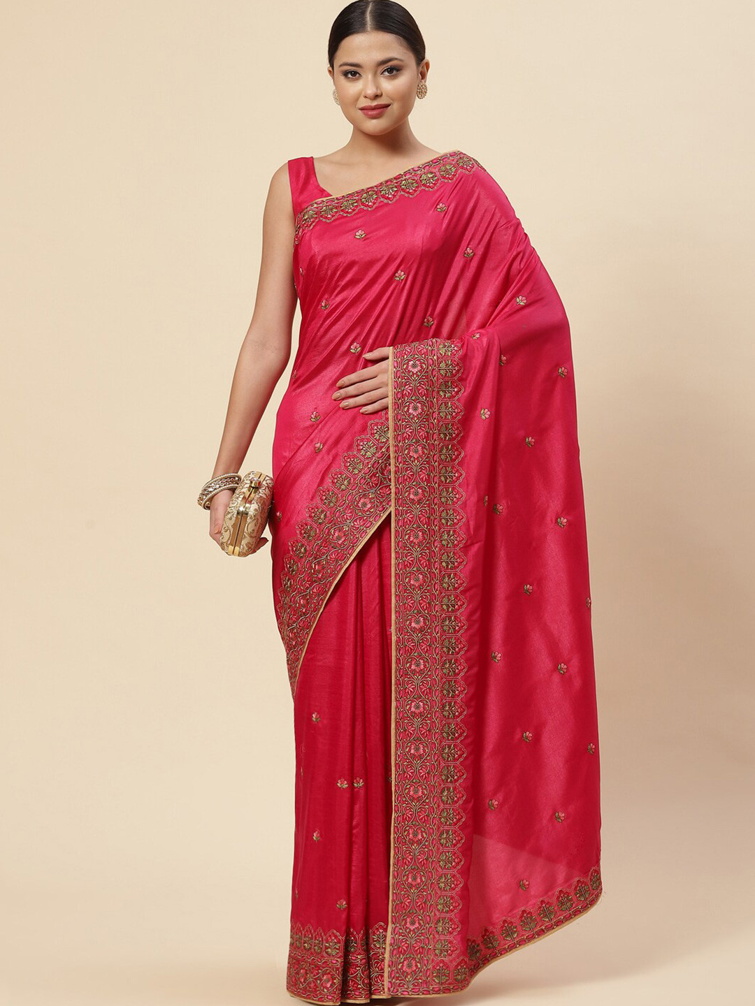 

Meena Bazaar Pink & Green Floral Embroidered Saree