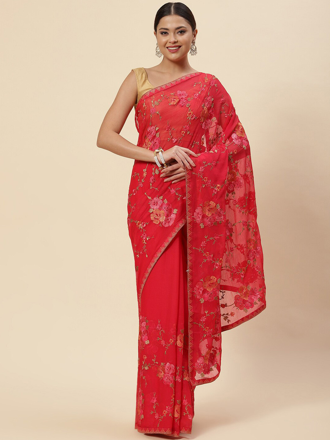 

Meena Bazaar Pink & Green Floral Embroidered Pure Chiffon Saree