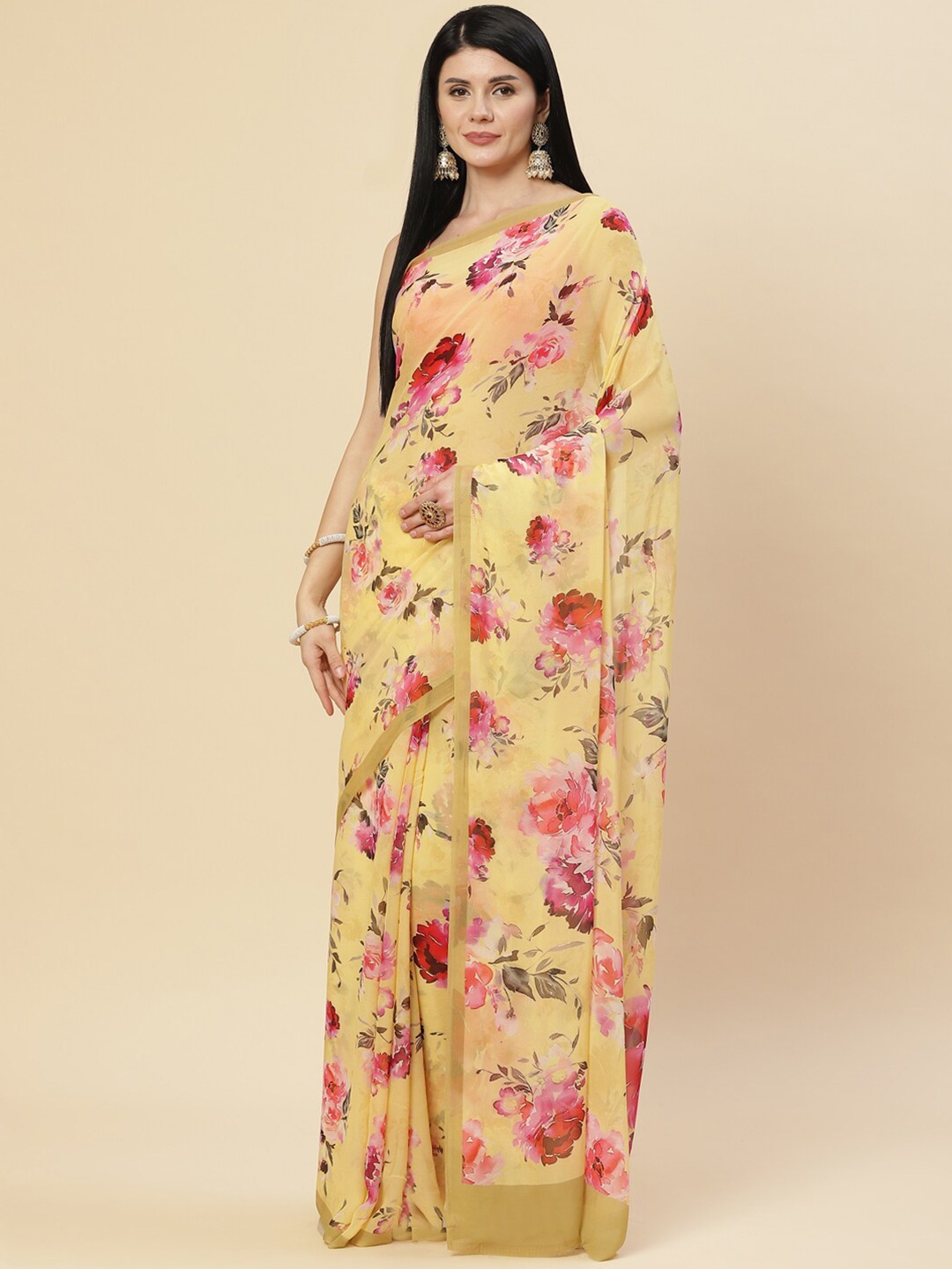 

Meena Bazaar Yellow & Pink Floral Zari Pure Georgette Saree