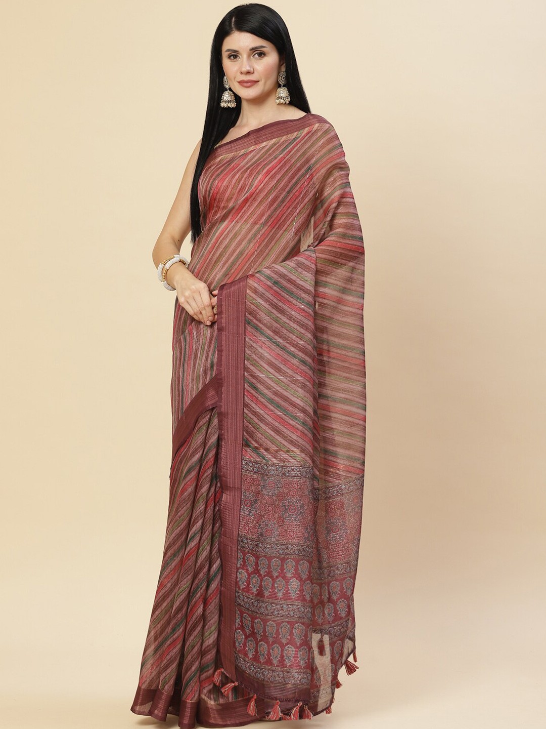 

Meena Bazaar Magenta & Blue Striped Zari Pure Cotton Saree