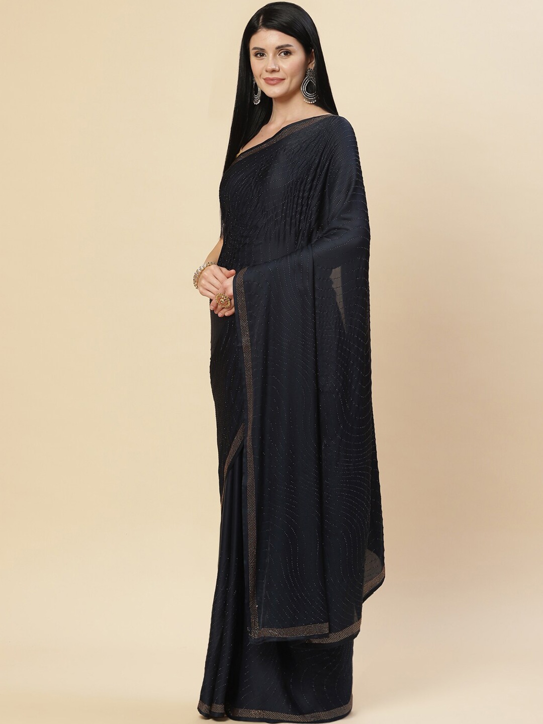 

Meena Bazaar Navy Blue & Gold-Toned Embellished Beads and Stones Satin Saree