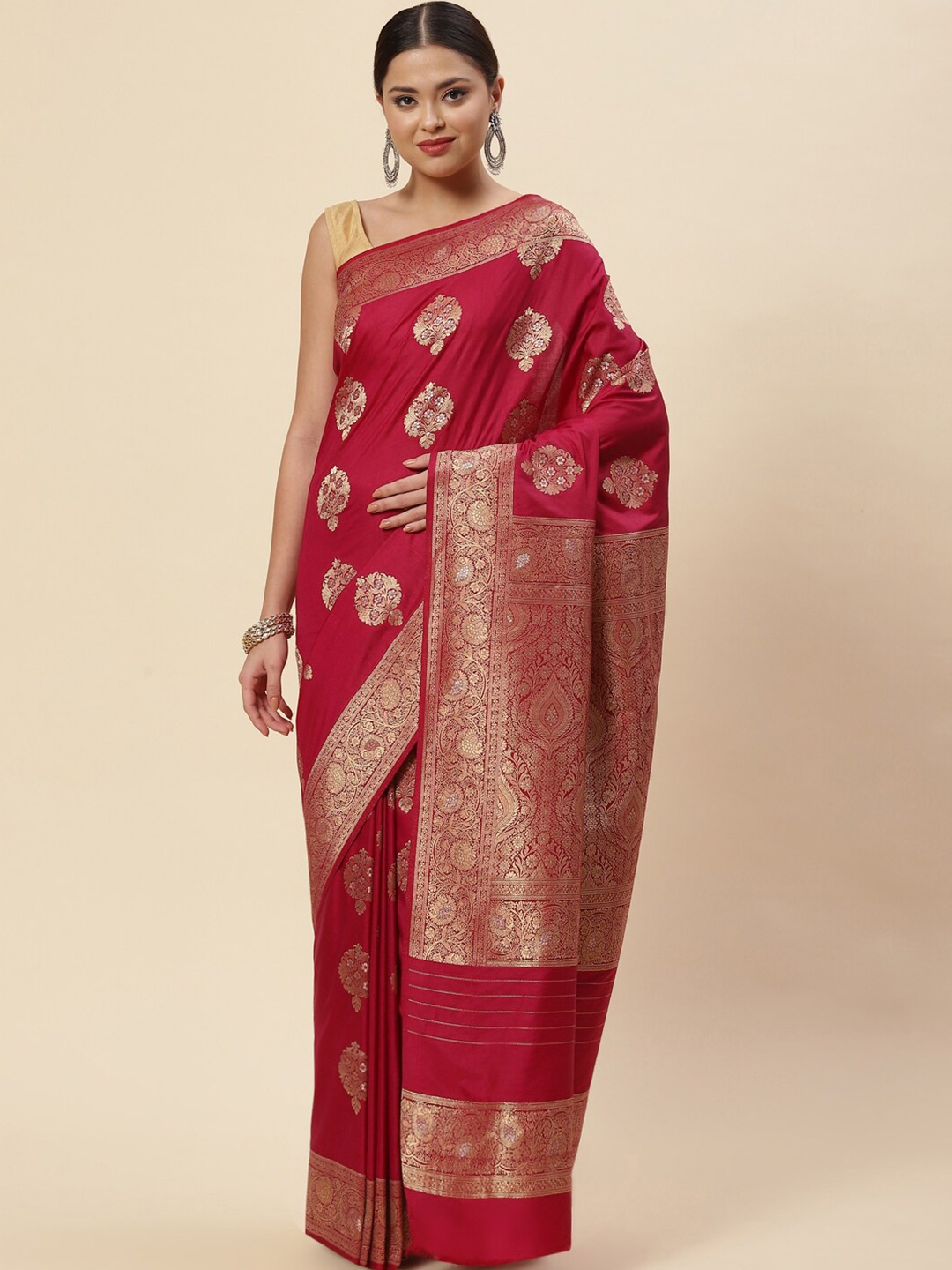 

Meena Bazaar Red & Gold-Toned Ethnic Motifs Zari Art Silk Saree