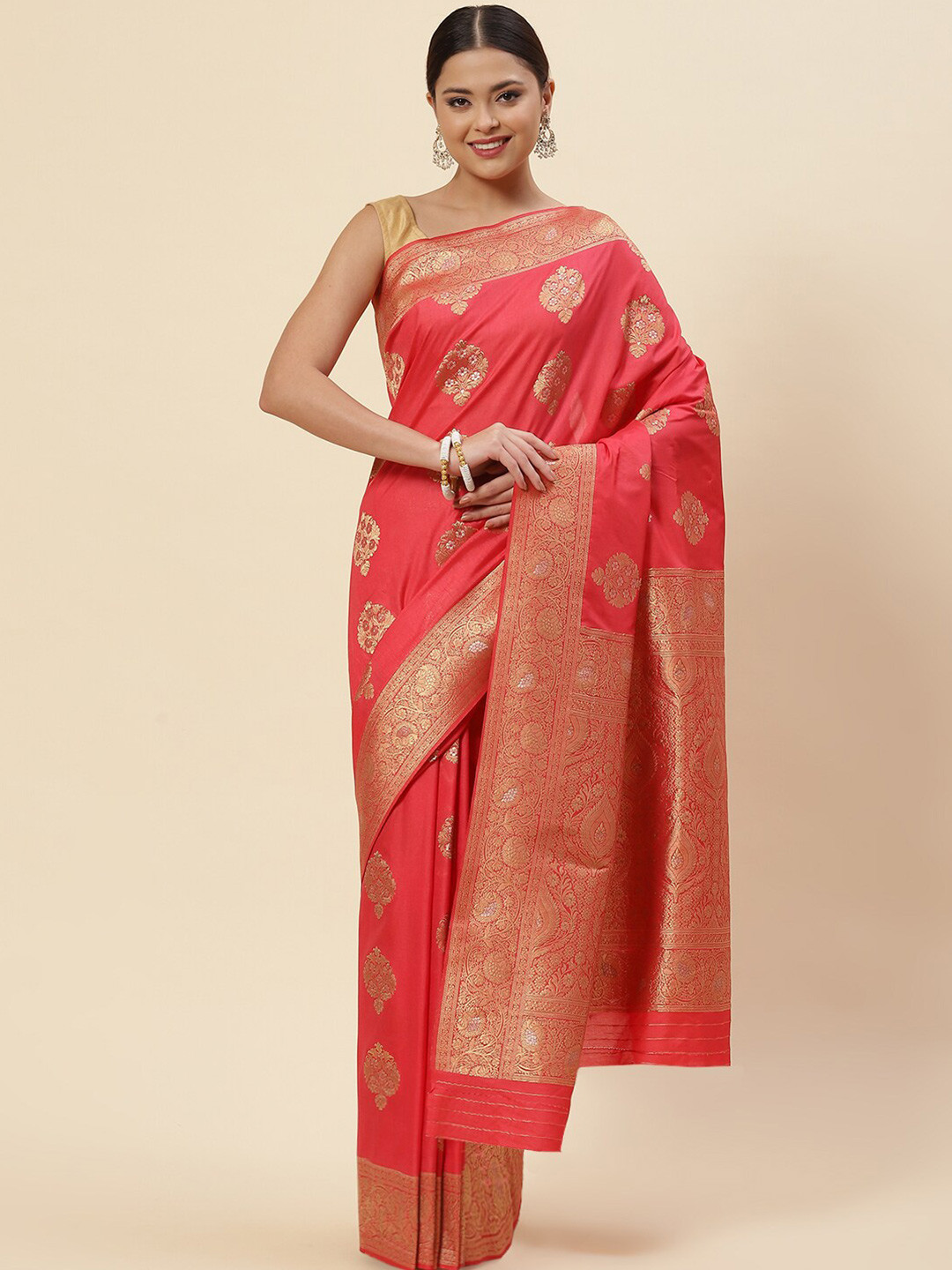 

Meena Bazaar Pink & Gold-Toned Ethnic Motifs Zari Art Silk Saree
