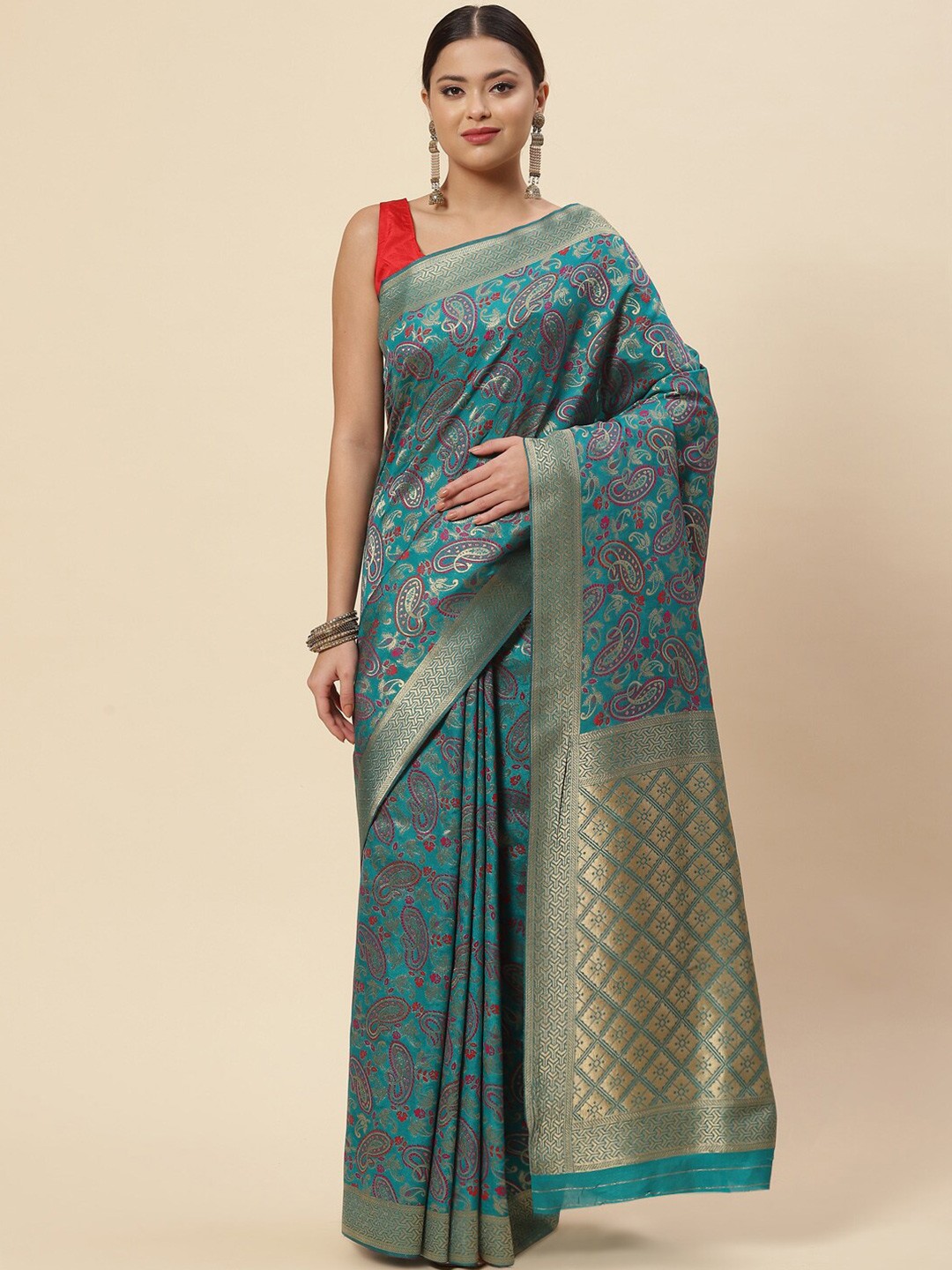 

Meena Bazaar Blue & Gold-Toned Paisley Zari Art Silk Saree