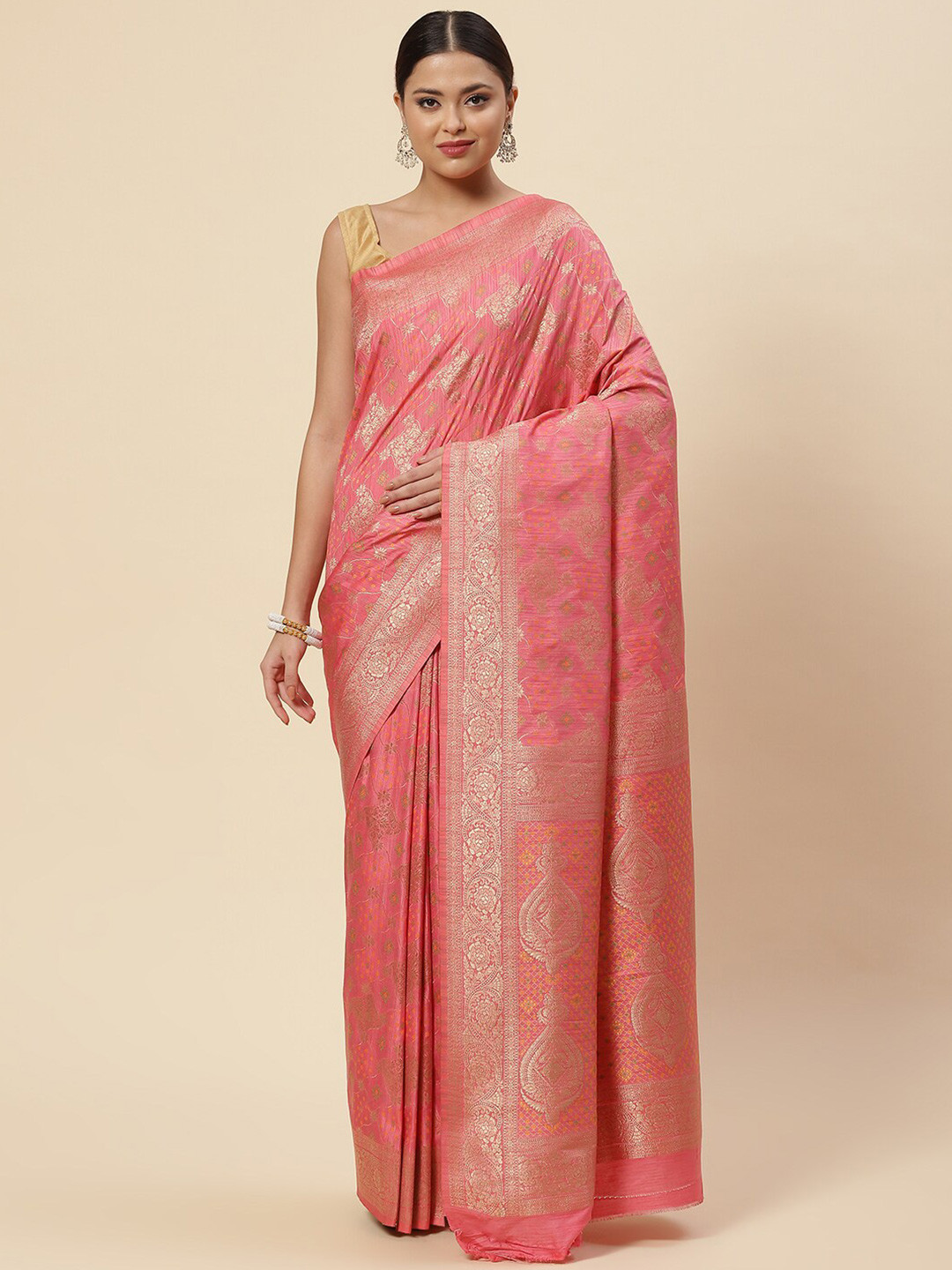 

Meena Bazaar Peach-Coloured & Gold-Toned Ethnic Motifs Zari Art Silk Saree