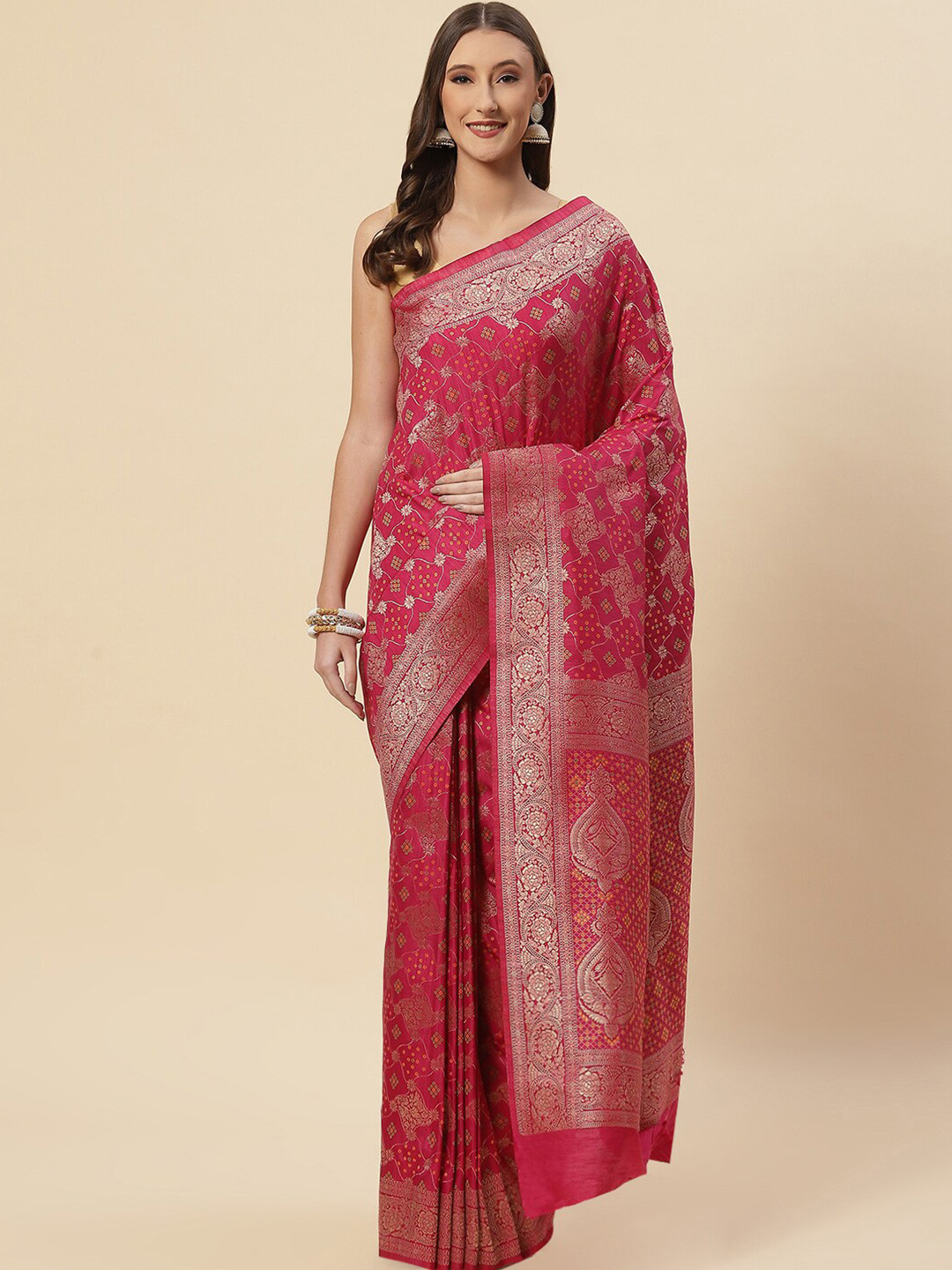 

Meena Bazaar Magenta & Gold-Toned Ethnic Motifs Zari Art Silk Saree
