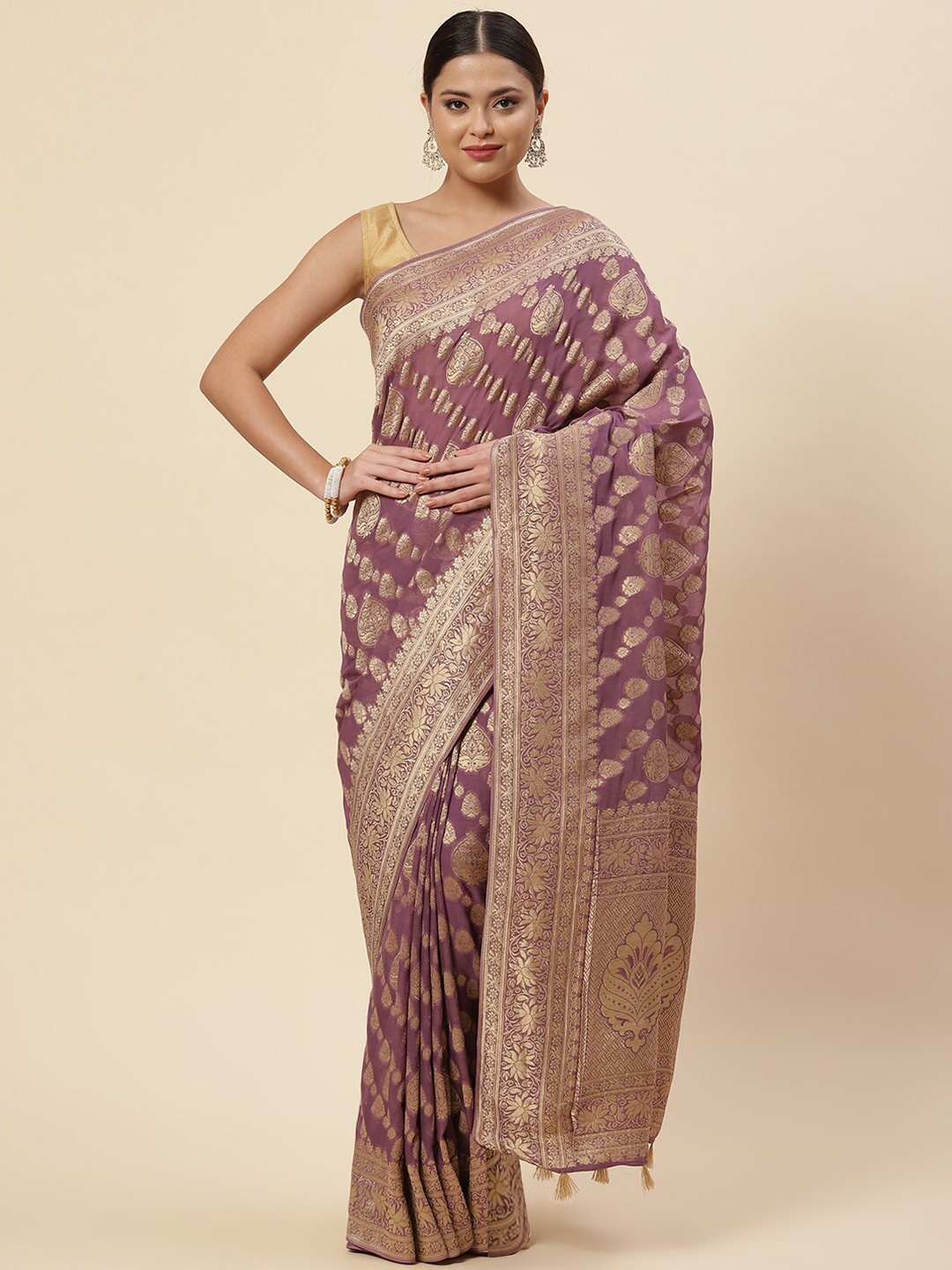 

Meena Bazaar Purple & Gold-Toned Ethnic Motifs Zari Saree