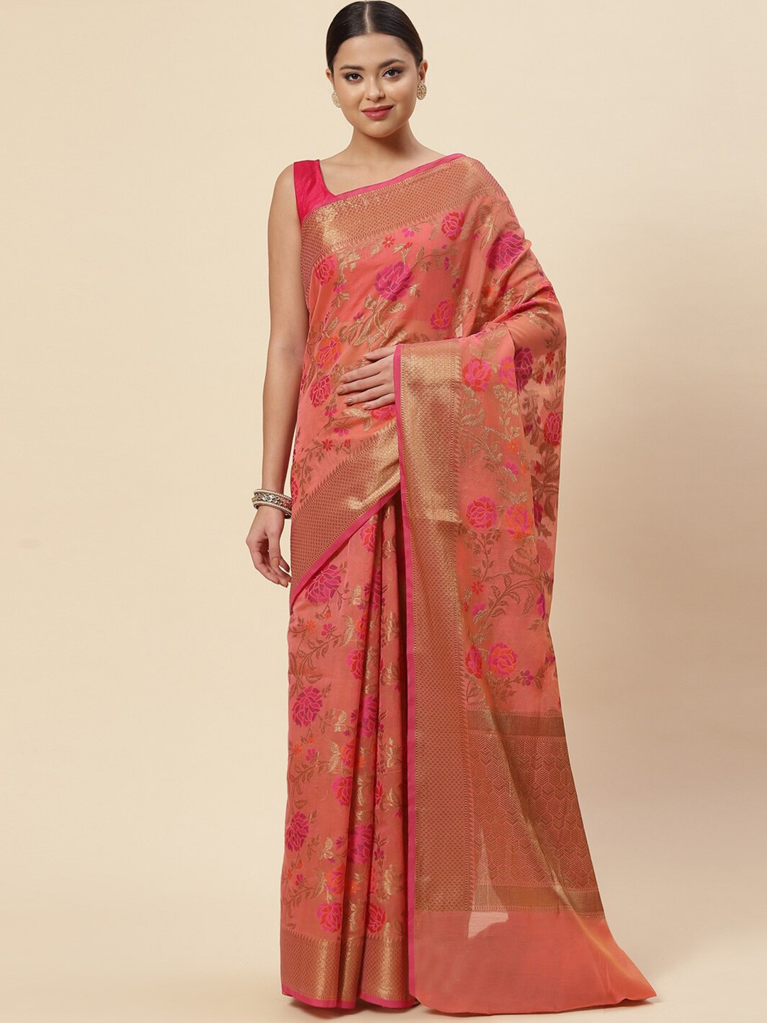 

Meena Bazaar Pink & Gold-Toned Floral Zari Pure Cotton Saree