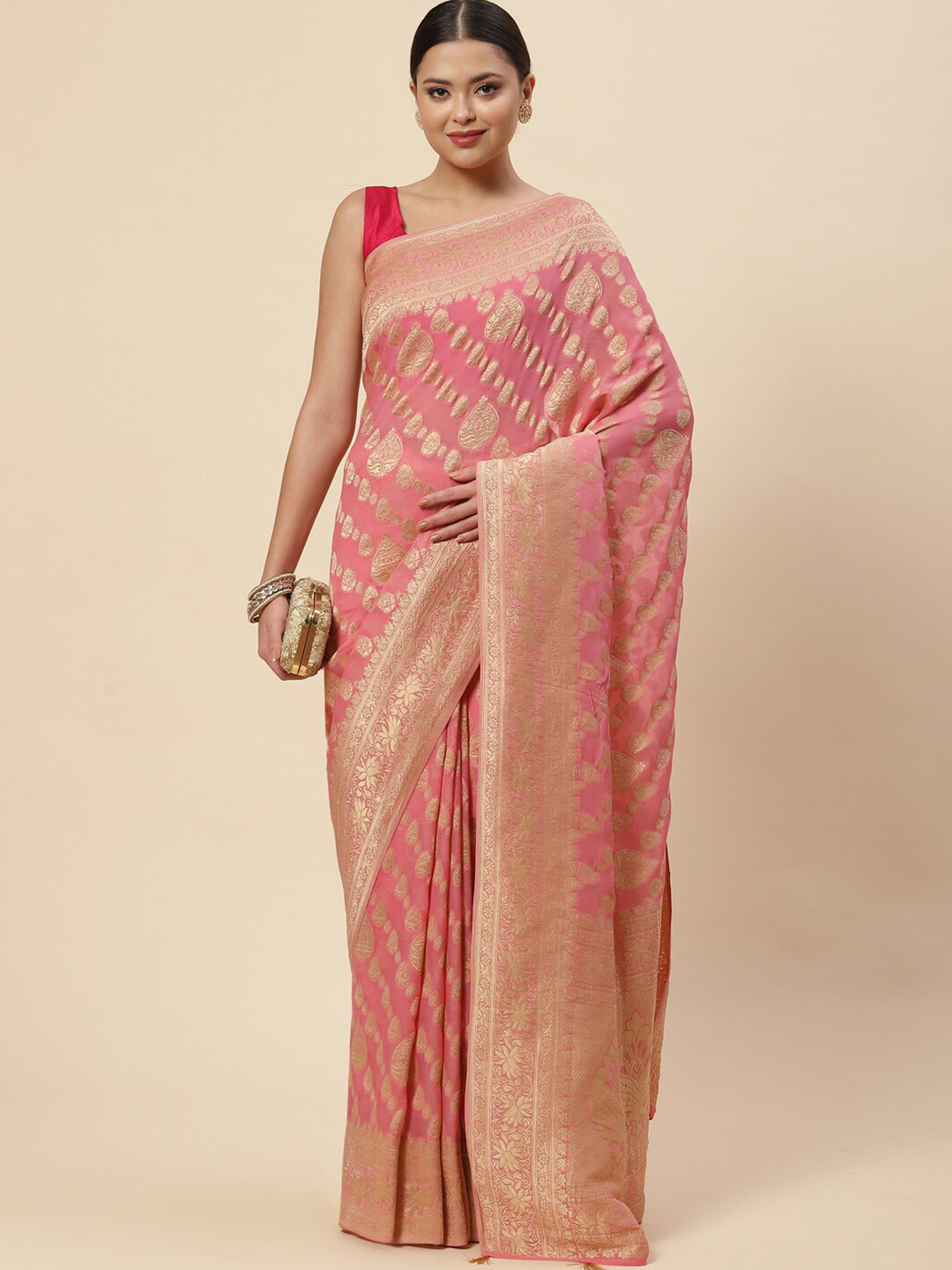 

Meena Bazaar Pink & Gold-Toned Ethnic Motifs Zari Saree