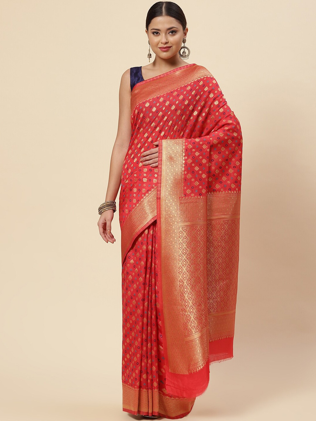 

Meena Bazaar Orange & Gold-Toned Ethnic Motifs Zari Art Silk Saree